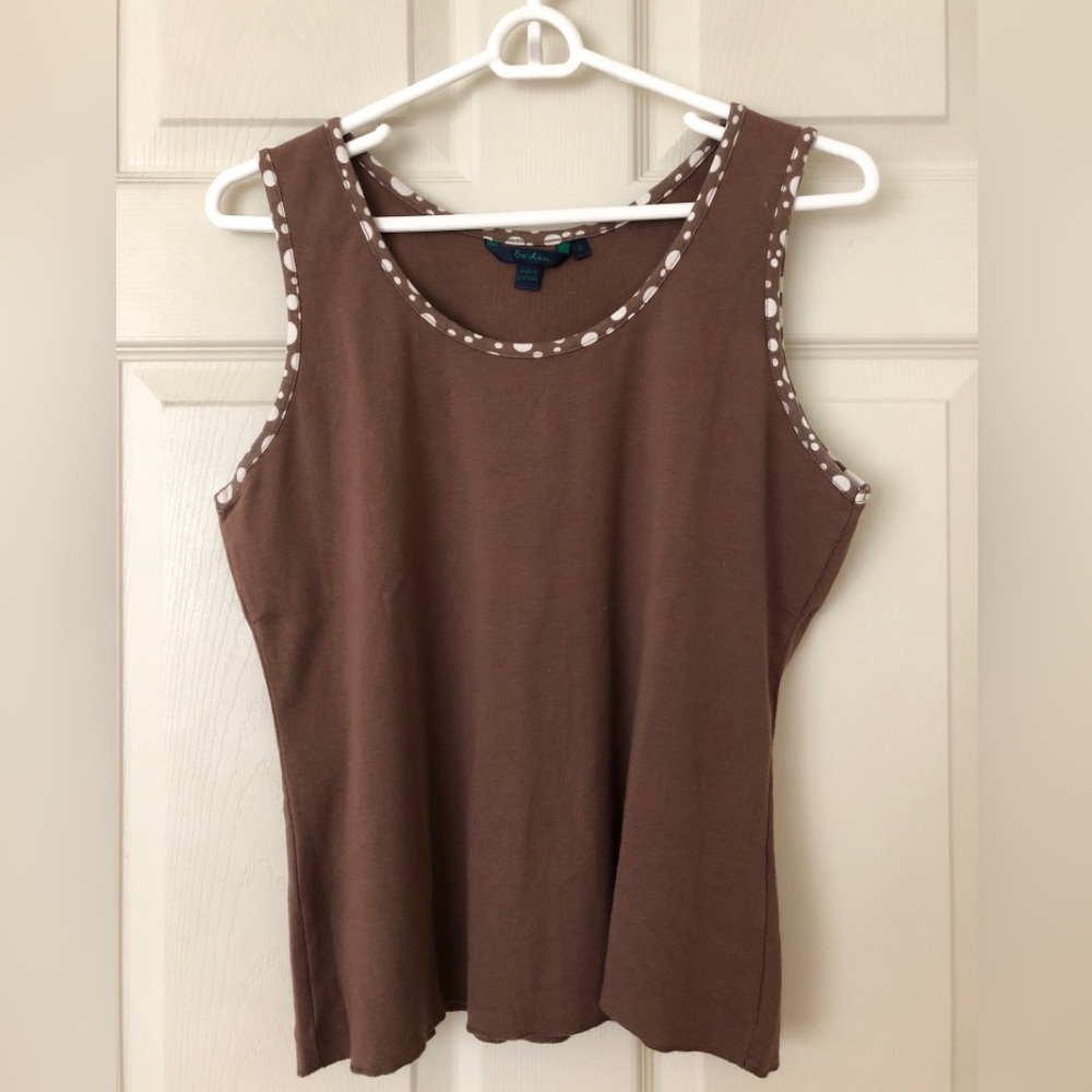 Boden Brown Cotton Knit Tank Top Polka Dot Trim Size UK16/US12